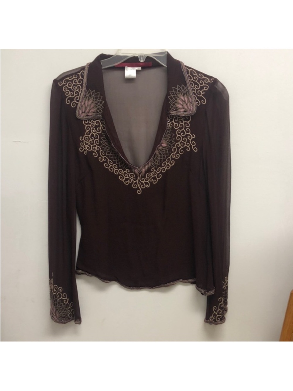 Brown Embroidered V-Neck Long Sleeve Blouse